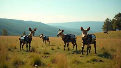 Obraz premium Robotic deer with advanced technology suits explore a grassy hillside under a clear sky.