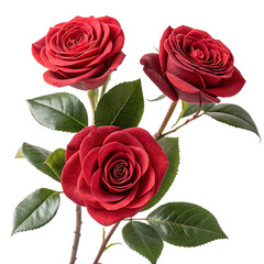 Naklejka premium Three lush red roses with green leaves isolated on transparent background