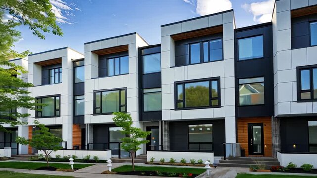Explore an array of striking townhomes featuring innovative designs and lush greenery set against a bright sky, ideal for modern life