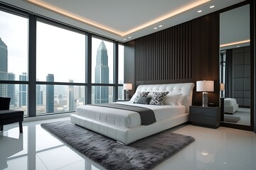 Elegant and comfortable home & hotel bedroom interior with large floor-to-ceiling Windows overlooking the city.