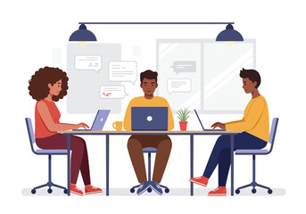 Team of Diverse Professionals Collaborating in a Modern Office Workspace with Laptops and Digital Devices During a Creative Meeting