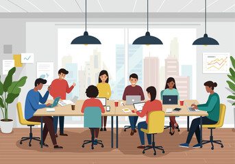 Team of Diverse Professionals Collaborating in a Modern Office Workspace with Laptops and Digital Devices During a Creative Meeting