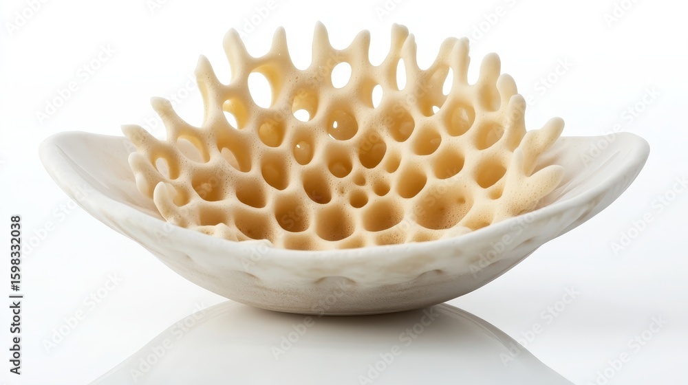Poster intricate coral structure displayed on white plate with reflection