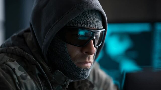 Masked military hacker focused on screen with data reflections in cyberwar ambiance