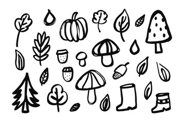Autumn Doodle Delight: Artistic collection of hand-drawn autumnal elements, including leaves, pumpkins, mushrooms, boots, acorn, and rain drops. evoking the essence of fall.