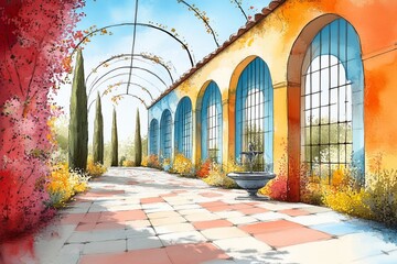 Fototapeta premium Village Houses Illustration Pastel Colour Drawing