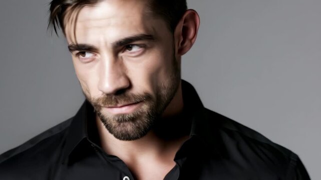 Close-up of a man smirking with cinematic lighting on a neutral gray background during a slow camera slide