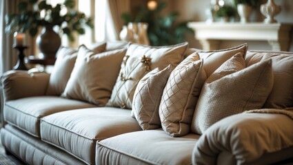 Comfortable sofa with multiple cushions in a cozy living room setting. Interior decor, home furniture, and comfort. The concept of home decor and furnishings.