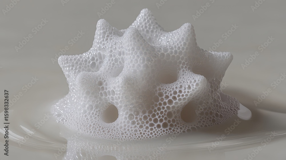 Poster intricate white foam structure on smooth surface with water reflection