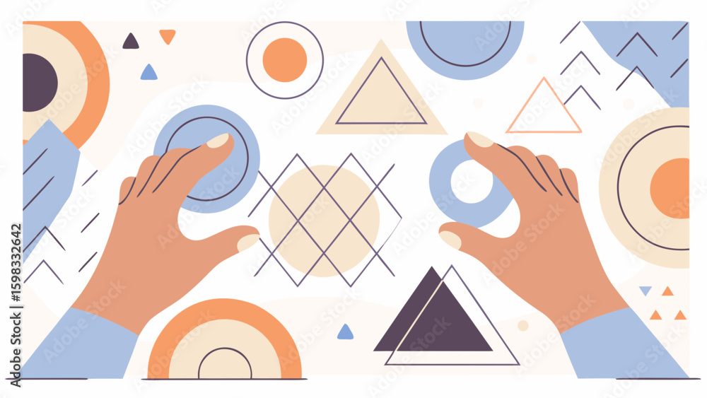 Poster two hands arranging colorful geometric shapes on a background of muted tones, creating a playful and