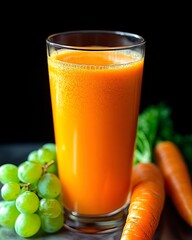 Glass of freshly squeezed carrot juice with green grapes