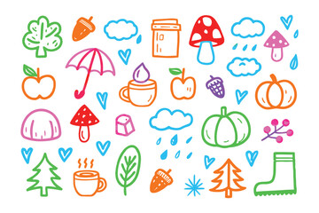 Autumnal Doodle Delight: A charming collection of hand-drawn, brightly colored doodles and icons captures the essence of autumn, evoking feelings of warmth, coziness.