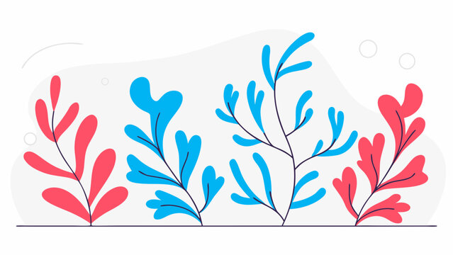 Colorful abstract plants in vibrant blue and red hues create a lively atmosphere.