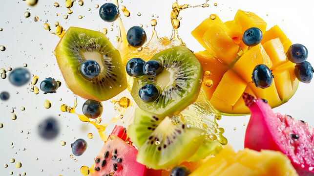 Exotic Fruit Splash in Mid-Air with Juice Droplets