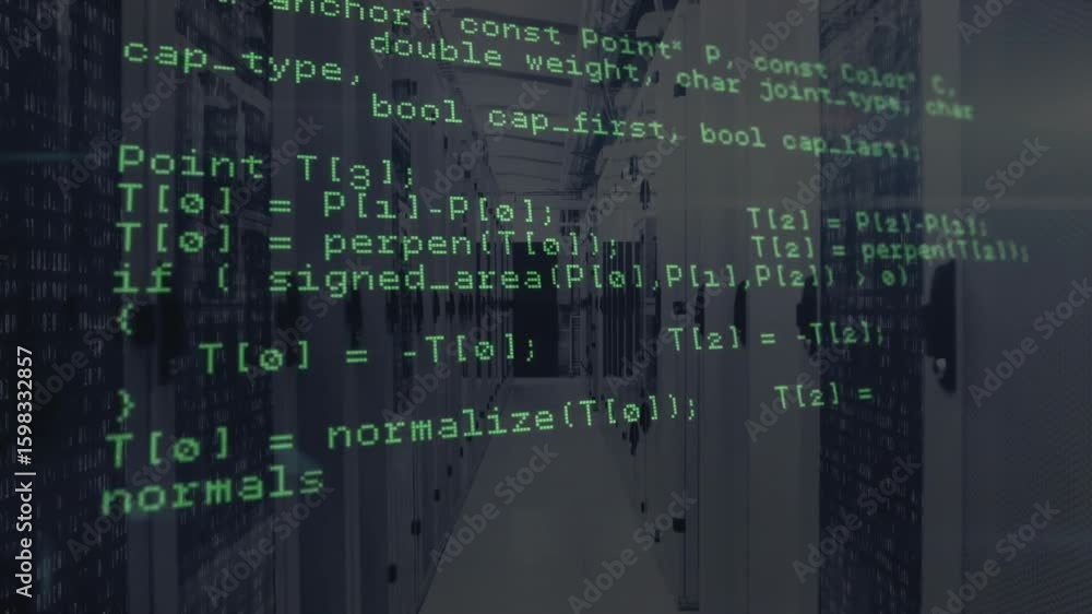 Poster upon opening code scrolling over server corridor revealing api calls and testing line intersections