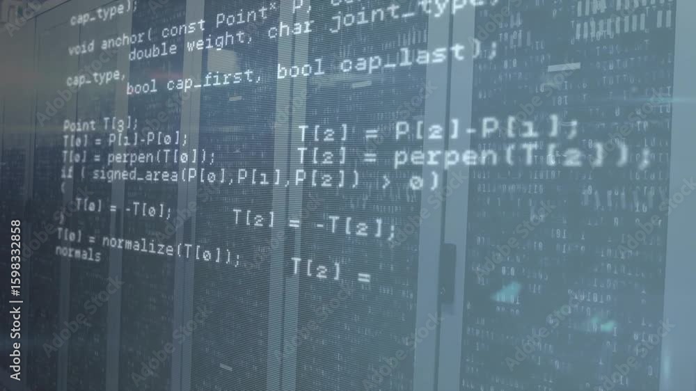 Poster triggered by display activation, blue-tinted panel showing c++ code scrolling upward for debug demo