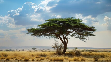 Obraz premium Majestic Acacia Tree Collection: Stunning Visuals of Thorny Branches, Fluffy Yellow Blooms, and Graceful Silhouettes Against Savanna Skies, Ideal for Wildlife Documentaries, African Safari Campaigns