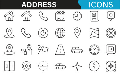 Collection of vector icons representing street, address, and map elements