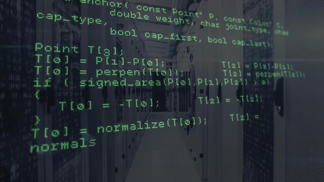 Upon opening code scrolling over server corridor revealing API calls and testing line intersections