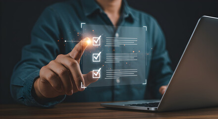 businessman pushing a button on a virtual screen