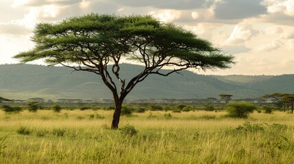 Obraz premium Majestic Acacia Tree Collection: Stunning Visuals of Thorny Branches, Fluffy Yellow Blooms, and Graceful Silhouettes Against Savanna Skies, Ideal for Wildlife Documentaries, African Safari Campaigns