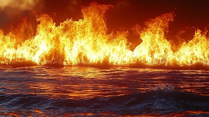 Fiery flames engulf a body of water.