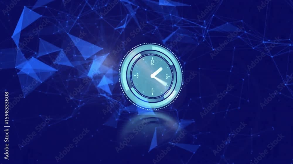 Poster clock appearing on mesh network, hand rotating rings filling, mesh shifting showing time flow