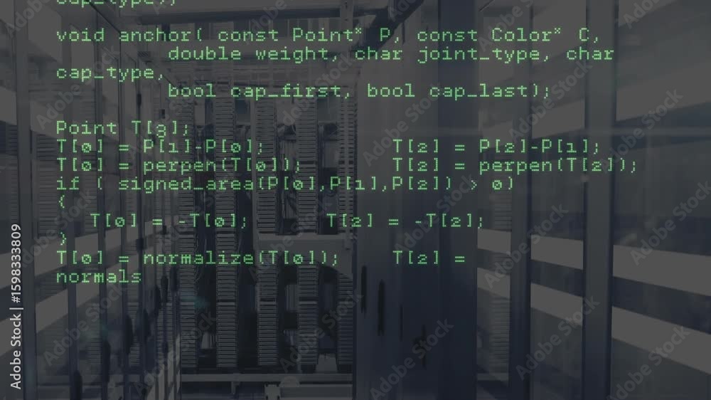 Poster overlay code appearing on server racks scrolling through c++ network execution, geometry computing
