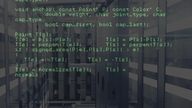 Overlay code appearing on server racks scrolling through C++ network execution, geometry computing