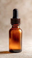 A small amber glass dropper bottle with a black rubber cap, standing on a textured surface against a neutral blurred background.