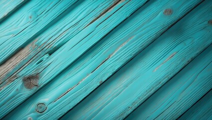 Weathered wooden planks painted turquoise with knots and grain visible. Close-up shot. Rustic and textured surface.