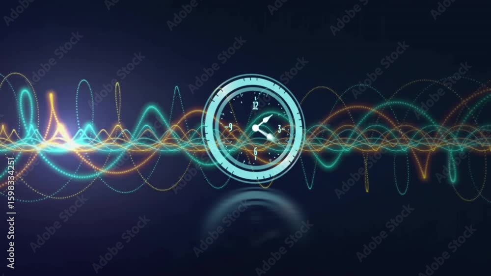 Poster waveforms pulsating as partial cyan arc fades to ring, clock hands moving, dissolving showing time