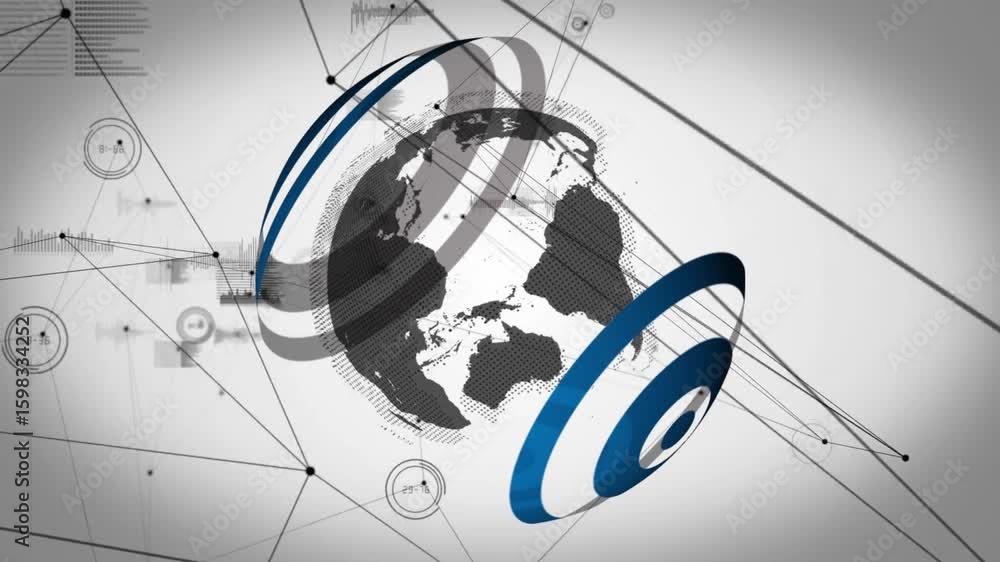 Poster grayscale globe starting spin and initiating rings extending network lines visualizing data flow