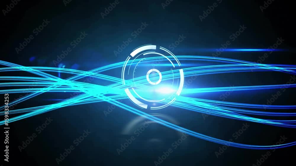 Poster blue streams emerging left and flowing right while rotating rings pulsing visualizing energy