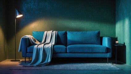 A modern blue sofa with a throw blanket, illuminated by a floor lamp, set against green walls in a stylish living room.