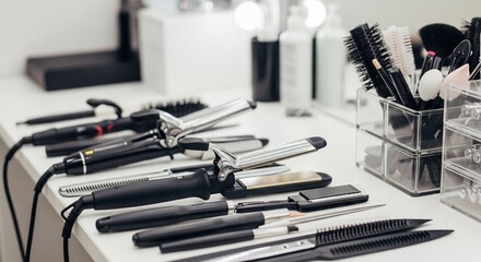 A collection of various hair styling tools, including curling irons, straighteners, and brushes, neatly arranged on a white surface, ready for use.
