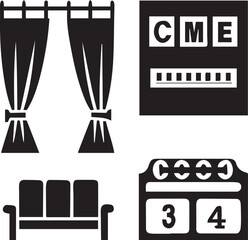 Movie theater icons curtains, projector beam, film countdown, cinema seat