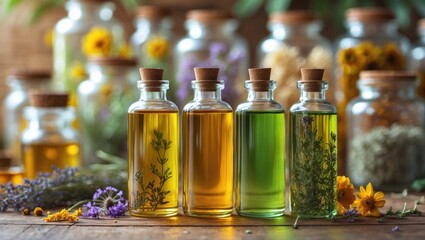 Aromatherapy essential oils with herbs and flowers in glass bottles, natural remedies, and herbal infusions.