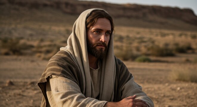 Young man with beard and long hair, thought to be Jesus, dressed in humble ancient robes, contemplation in desert.