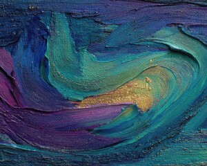 Abstract Painting With Swirling Teal Purple Gold Colors