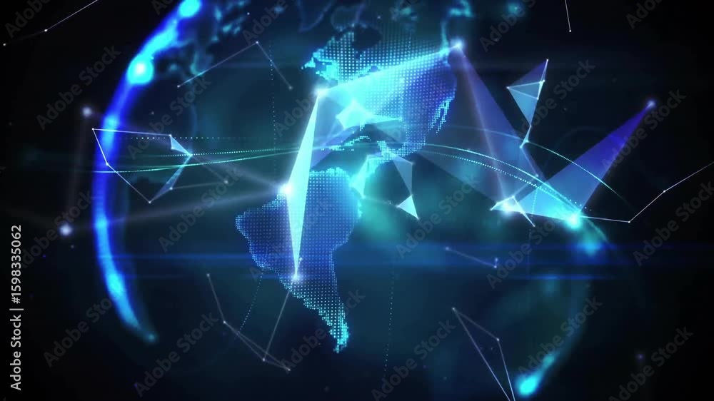 Poster scattering shards and nodes pulsing assembling into rotating wireframe globe mapping network