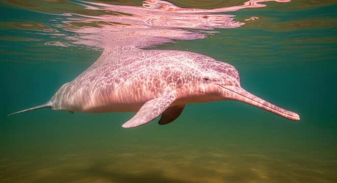 An authentic photograph of a pink Amazon river dolphin (boto)