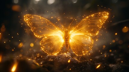 Golden butterfly with glowing wings against a dark background.