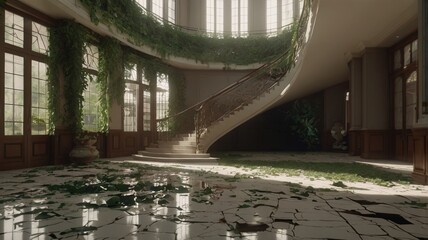 interior of a modern abandon house with double highted lobby and twisted stair case
