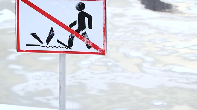 No Ice Entry Sign Prohibition of going out on the ice of lakes river fail under the ice