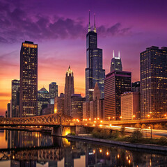 City Skyline at Dusk with Illuminated Skyscrapers and Bridge Reflection

