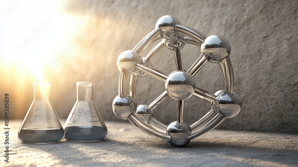 Poster metallic molecule structure with laboratory flask and light effect
