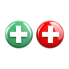 Obraz premium Glossy green and red plus sign buttons 3D icons isolated on transparent white background, clipping path
