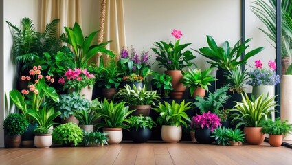 A variety of potted houseplants arranged indoors against a white wall, featuring lush green foliage and colorful flowers.
