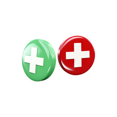 Obraz premium Glossy green and red plus sign buttons 3D icons isolated on transparent white background, clipping path